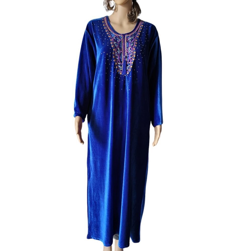 Fionalissa Velvet Kaftan Embroidered Blue Long Sleeves Maxi Tunic Dress